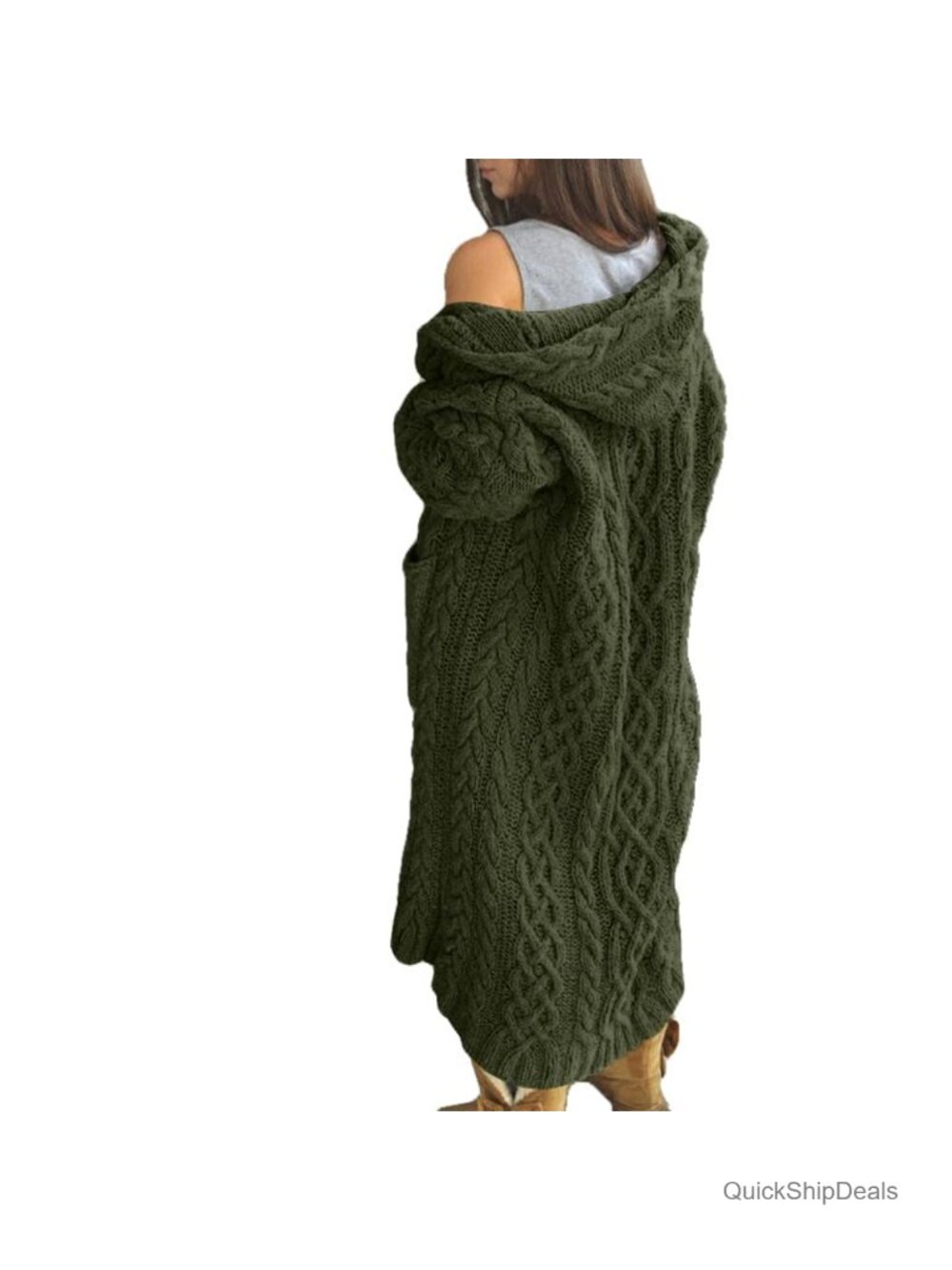 Women's Long Cardigan Open Front Cable Knit Hooded Coat with Pockets